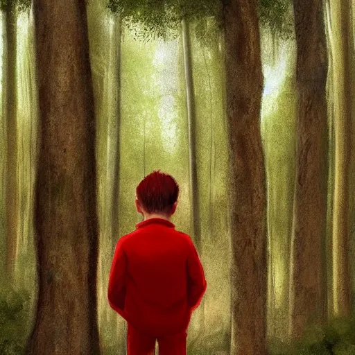 Image similar to boy in red is knocking the front door of a cabine in a forest, detailed, strong lighting, very conherent, by campion, pascale, trending on artstation