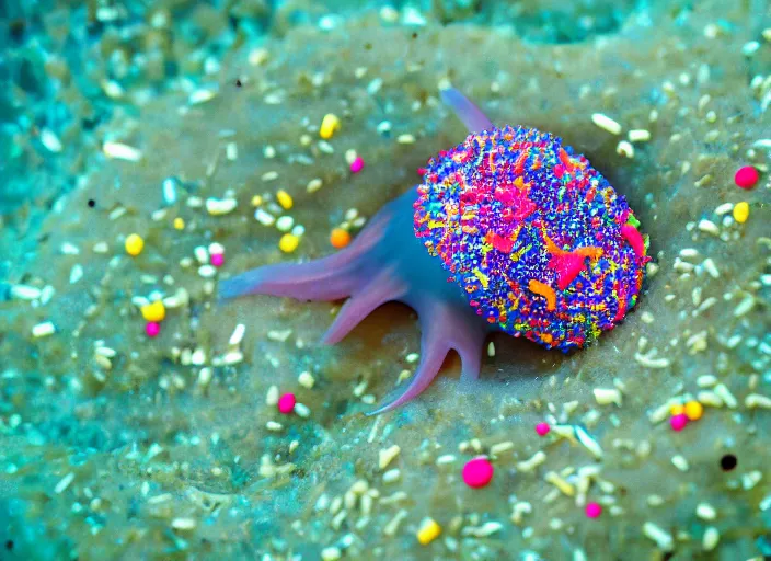 Image similar to underwater photo still of a squid with a glazed donut with rainbow sprinkles on its head, 4 k, 8 5 mm, f 1 6