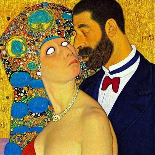 Prompt: “Homer and Marge Simpson from TV series The Simpsons are kissing. Painting by Gustav Klimt , Oil and gold leaf on canvas. Golden period. National Art Gallery. Marge Simpson with her signature blue beehive hairstyle.”