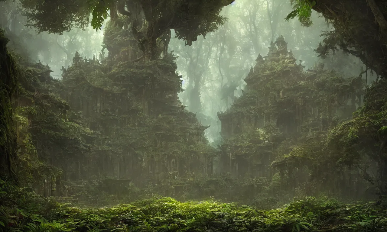 Image similar to Lost temple, covered by leaves and plants, in a magical forest with volumetric lighting, matte painting, greg rutkowski, artstation, 4k