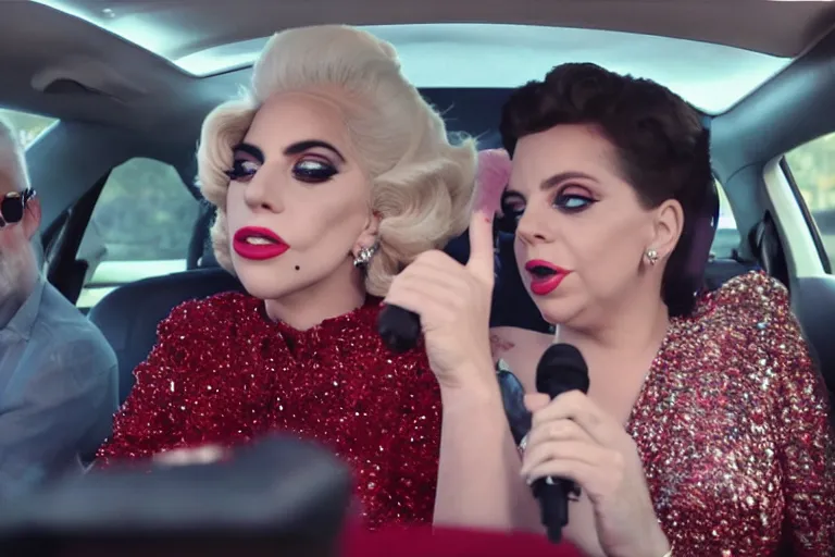 Image similar to lady gaga and judy garland in carpool karaoke, lady gaga, judy garland, red weapon 8 k s 3 5, cooke anamorphic / i lenses, highly detailed, cinematic lighting