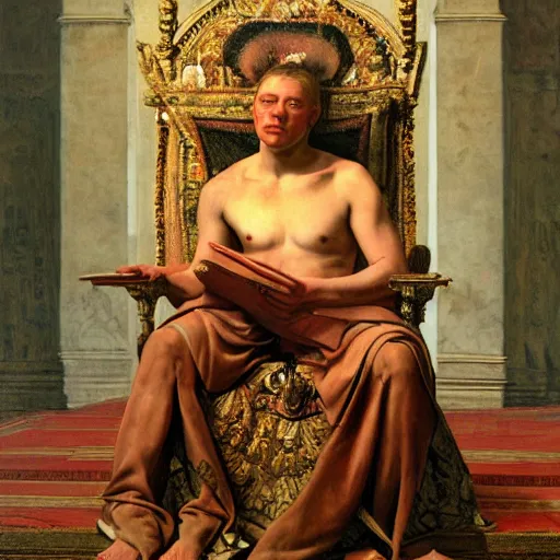 Image similar to Realistic painting of a roman emperor sitting on his throne in his palace dramatic lighting, high-detailed oil painting by Ilya Repin, William Blake, Michelangelo da Caravaggio, Alex Grey and Beksinski, masterpiece, 4k