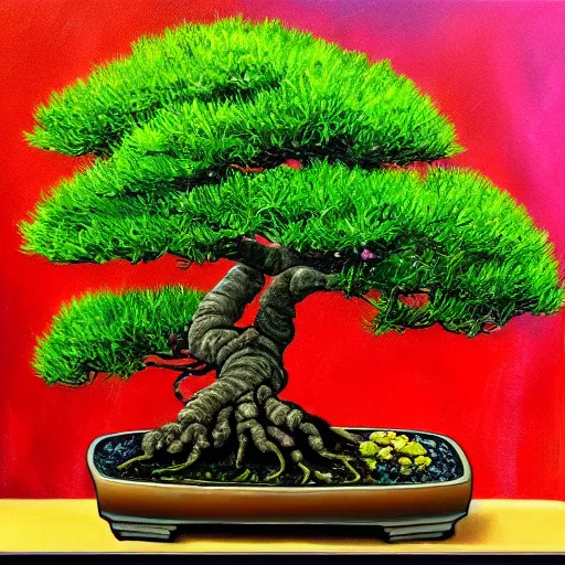 Prompt: bonsai tree with colorful flowers and leaves detailed oil painting 4 k