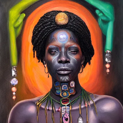 Prompt: a symmetrical portrait of a voodoo witch, oil painting, pale colors, high detail, 8 k, wide angle, trending on artstation,