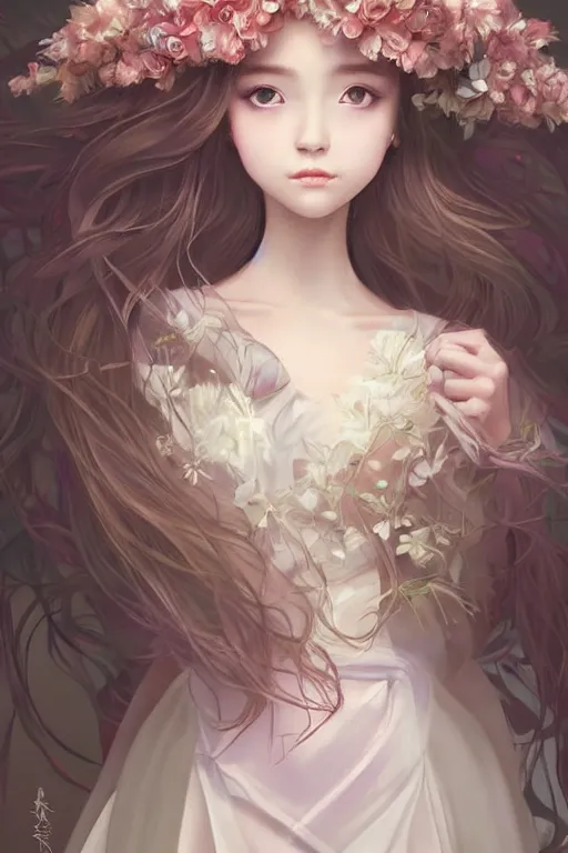 Image similar to romantic and fashion and love princess of the flower with sheath dress, 8 k realistic, teenager girl, baroque, symmetrical, flowing hair, smile, trending pinterest and pixiv, muted colors, hyperrealistic, l close up shot, character concept art, face by kyoung hwan kim, alexandra fomina, ilya kuvshinov