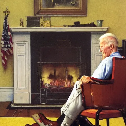 Image similar to eye level portrait painting by Norman Rockwell of Joe Biden sitting in a chair. Cozy fire. Legs apart