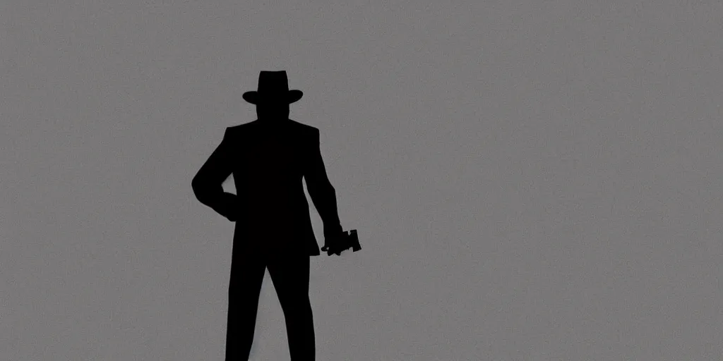 Image similar to mysterious man in black suit and black fedora hat and black shoes, he has a pistol!!, mysterious, 4 k, highly detailed, digital art, strong shadows, high contrast, epic scene, atmospheric, blue colours, award winning photo