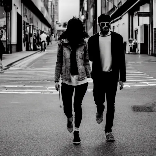 Image similar to black and white minimalist photo of three people walking on a street