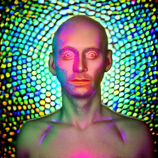 Image similar to a portrait of a beautiful psycho king in a holographic room, photographed by erwing olaf