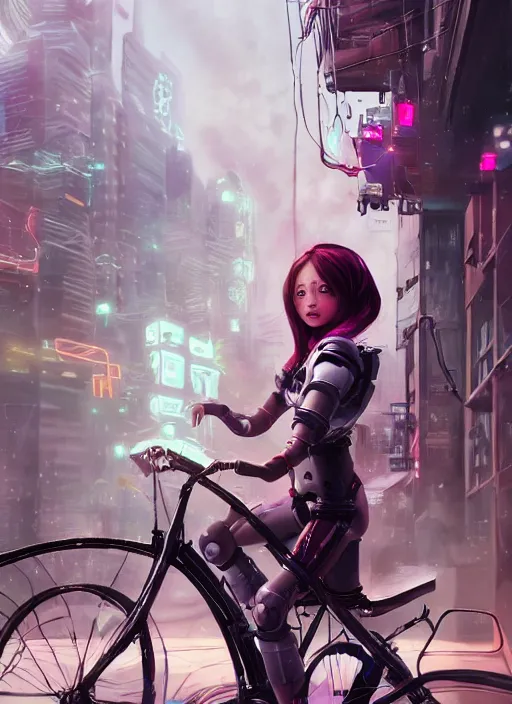 Image similar to An epic fantastic realism comic book style painting of a beautiful girl on a bicycle with robot legs, robotics, long pigtails hair, asian girl, cyberpunk, Concept world Art, unreal 5, DAZ, ultrarealistic, hyperrealistic, octane render, cosplay, RPG portrait, dynamic lighting