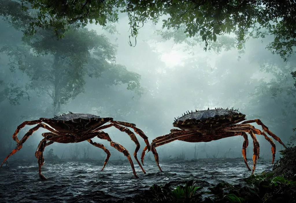 Image similar to an enormous giant crab king emerging from the waters, in a jungle with ominous light from above, ambient light, fog, river, very poetic