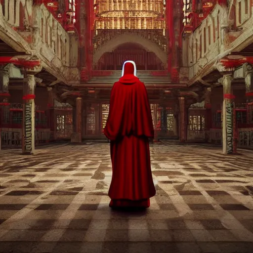 Image similar to praying nun in red clothes staying in the middle of abandoned huge temple, matte painting, hyper realistic render, cryengine, unreal engine, cyberpunk 2077