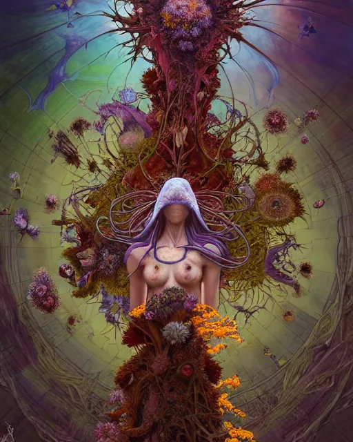 Image similar to the platonic ideal of flowers, rotting, insects and praying of cletus kasady carnage davinci dementor wild hunt chtulu mandelbulb mandala ponyo dinotopia the witcher, d & d, fantasy, ego death, decay, dmt, psilocybin, concept art by randy vargas and greg rutkowski and ruan jia and alphonse mucha