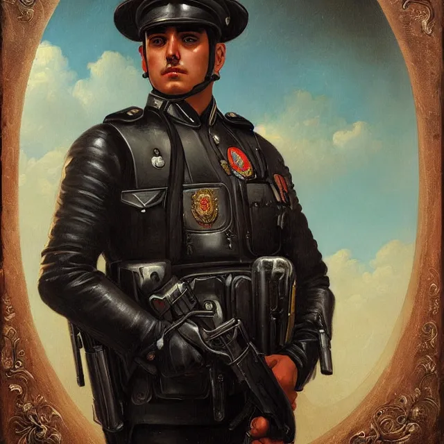 Prompt: portrait of a handsome mexican policeman, art by tom bagshaw and manuel sanjulian and franz xaver kosler