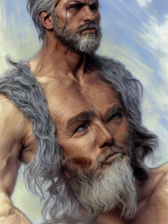 Image similar to painted portrait of rugged odin, god of wisdom, norse god, white hair, masculine, mature, handsome, upper body, blue and silver, muscular, hairy torso, fantasy, intricate, muscular, elegant, highly detailed, digital painting, artstation, concept art, smooth, sharp focus, illustration, art by gaston bussiere and alphonse mucha