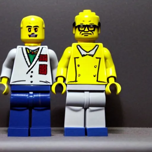 Image similar to LEGO Walter White and LEGO Gus Fring cooking meth with LEGO Obama in yellow jumpsuits