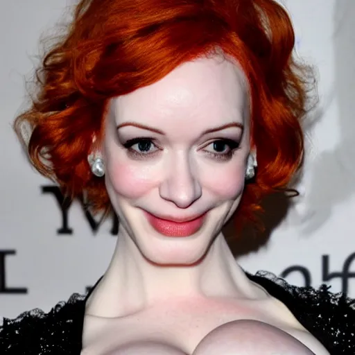 Image similar to Christina Hendricks bust, ice cream between chest, crying, body realistic,