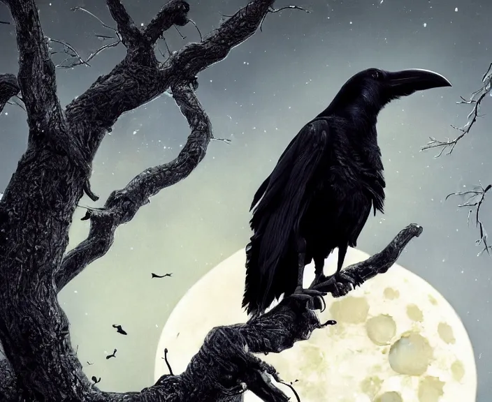 Prompt: a hyper-detailed fantasy wallpaper book cover, close-up portrait of a crow flying above a tree in front of the full big moon; an extraordinary masterpiece!!!; flawless; proud posture; photorealistic eyes; trending on artstation; f/1.4; 90mm