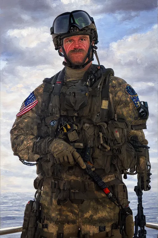 Image similar to portrait of a us navy seal, majestic, on aircraft carrier, fine art portrait painting, strong light, clair obscur, by peter paul rubbens