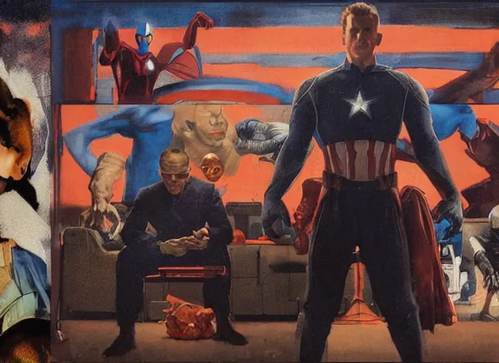 Image similar to a still from the movie avengers : endgame by of francis bacon and norman rockwell and james jean, a still from the movie godfather, and mark brooks, triadic color scheme, by greg rutkowski, syd mead and edward hopper and norman rockwell and beksinski, dark surrealism, orange and turquoise