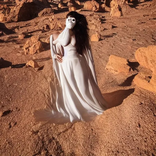 Prompt: The full body shot of beautiful pale lady with a while flower and full-face golden mask in a rocky desert background, multiple eyes and eyes reflection, long hair, photography, wide shot, day, cinematic composition, practical effects, award winning photo, 8k