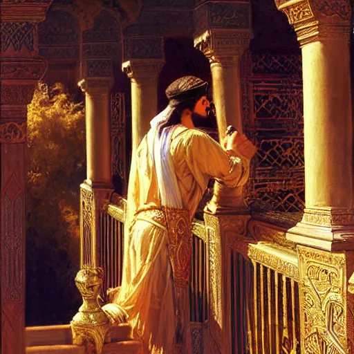 Prompt: attractive arab king confesses his love for his attractive male prince, in balcony of palace, above river. highly detailed painting by gaston bussiere, craig mullins, j. c. leyendecker