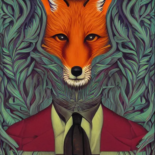 Prompt: an artistic portrait of fox in full tailored suit by Escher Casey Weldon, behance contest winner, colorful