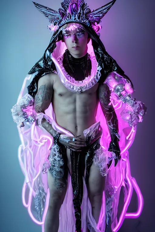 Image similar to photo of full-body rococo and cyberpunk delicate neon crystalline sculpture of ((handsome muscular albino prince Nick Jonas)) as an onyx humanoid deity wearing ((onyx plastic hooded cloak)) (holding an onyx skull) in a black aztec temple, reclining, glowing blue face, crown of (pink lasers), large blue diamonds, swirling black silk fabric. futuristic elements. oozing glowing liquid, full-length view. space robots. intricate artwork by caravaggio. Trending on artstation, octane render, cinematic lighting from the right, hyper realism, photorealistic, octane render, 8k, depth of field, 3D