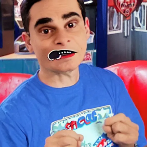 Prompt: ben shapiro in a chuck e cheese costume with the mask off