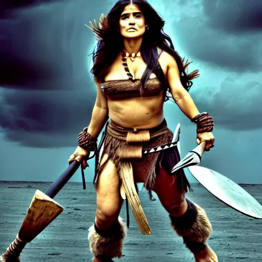 Image similar to salma hayek as a barbarian warrior, battle scene