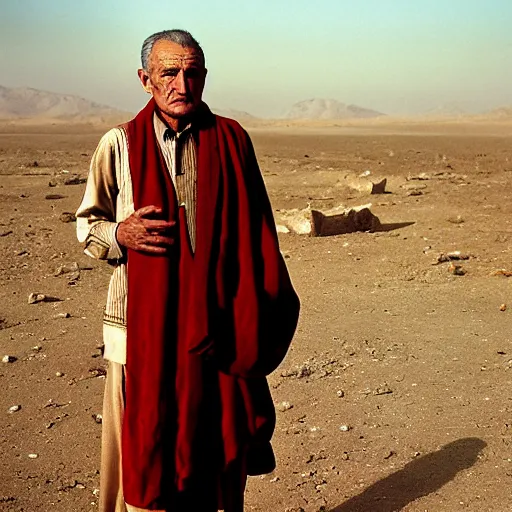 Image similar to portrait of president lyndon b johnson as afghan man, green eyes and red scarf looking intently, photograph by steve mccurry