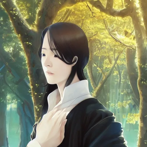 Image similar to a portrait of a young beautiful Chinese prince, golden eyes, long black hair, elegant, intricate, backlit, incredible lighting, strong rim light, subsurface scattering, realistic anime, epic beautiful landscape, cherry trees, highly detailed, god rays, digital painting, by Heise Jinyao, Heise-Lian Yan Fang, Feimo, Rossdraws, HDRI, vivid colors, high contrast, 8k