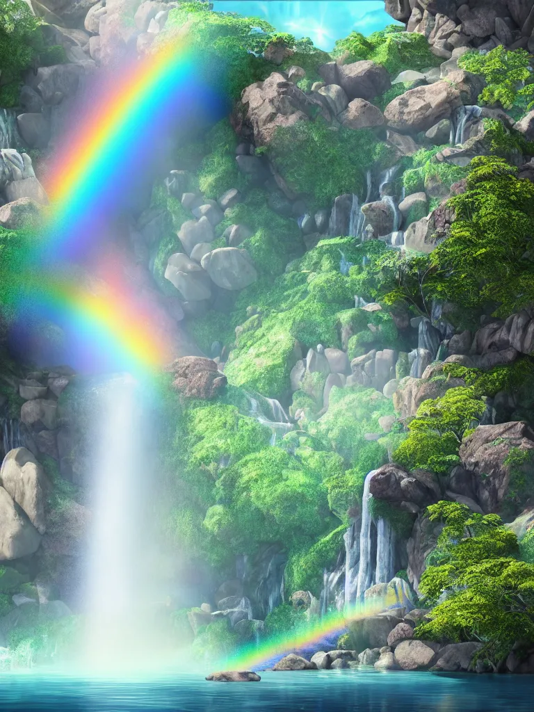 Prompt: artdeco illustration of waterfall cascading onto rocks, small rainbow emerging in background, ethereal, beautiful scenery, intricately meticulously detailed, amazing, glitter, 8 k render octane high definition