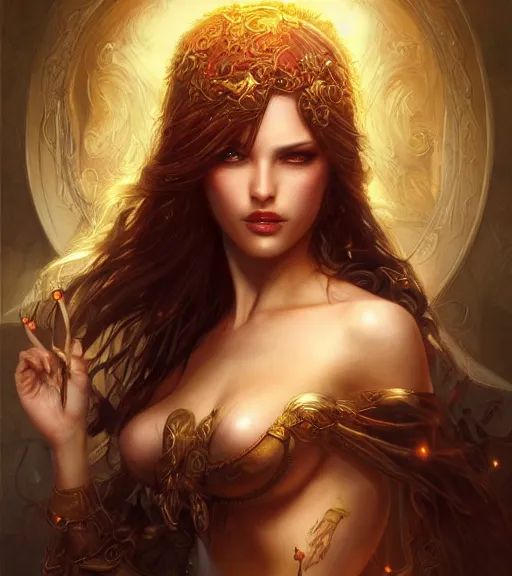 Image similar to a higly detailed full body shot portrait painting of a sensual female fantasy character with piercing beautiful eyes, dynamic lighting, ambient lighting, deviantart, art by artgerm and karol bak and mark brooks
