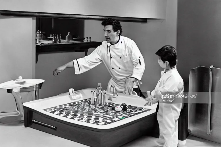 Image similar to italian chef taking a bath on a roulette table fisher - price scene from tv show 5 5 mm