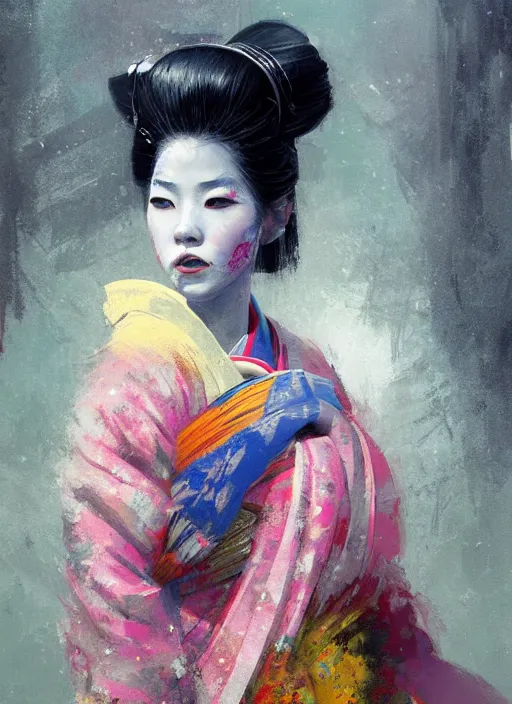 Image similar to female geisha girl, beautiful face, colourful, rule of thirds, intricate outfit, spotlight, by greg rutkowski, by jeremy mann, digital painting