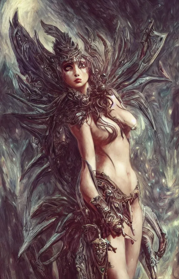 Image similar to an concept art of the demon queen, beautiful hair, intricate details, detailed face, detailed clothes, artstation, epic pose, epic background, ambient light, by max ernst and renoir