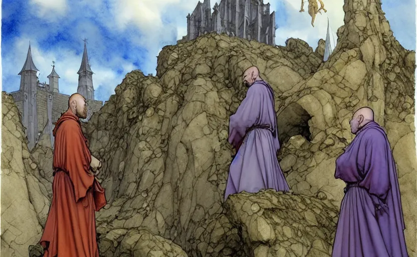 Image similar to a hyperrealist watercolour concept art of a group of medieval monks in grey robes pointing up at a large stone monument floating in the sky. by rebecca guay, michael kaluta, charles vess and jean moebius giraud. high detail, hq, wide shot