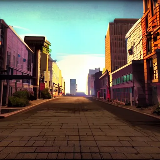 Image similar to a screenshot of the streets of toronto anime style, volumetric light, artwork by barclay shaw