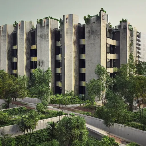 Image similar to “Eco-brutalist (Brutalism with lots of plants, vines and planters) public housing in New Delhi, photorealistic, hyper realistic, cinematic lighting, 8K resolution”