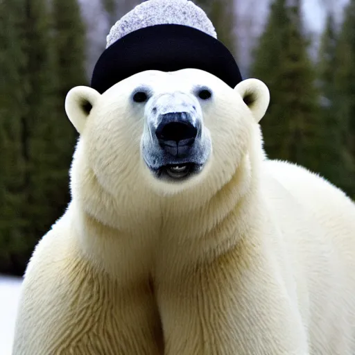 Prompt: a realistic polar bear in a fancy hat and vest, outside of an ikea, realistic, photograph, high definition, photo, excellent