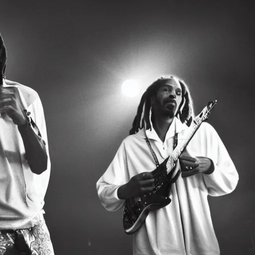 Prompt: a dramatic photograph of snoop dog jamming with bob marley in an infinite universe of mystical light, ground haze, dramatic lighting, filmic, cinematographic, sci - fi