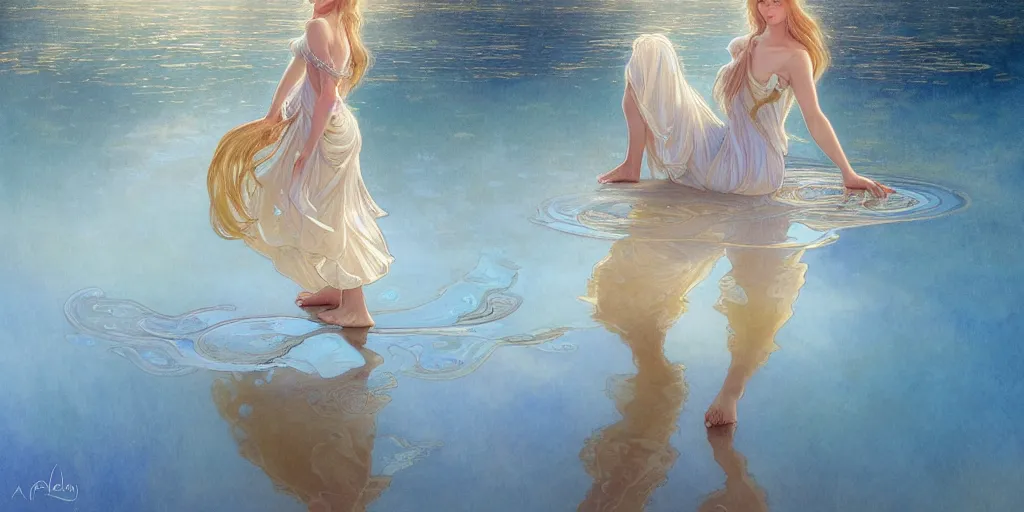 Image similar to highly detailed portrait of a barefoot white skirt girl stand on the water, water surface reflection, the calm sea level, ultra wide angle, gold filigree, romantic storybook fantasy, soft cinematic lighting, award, disney concept art watercolor illustration by mandy jurgens and alphonse mucha and alena aenami, pastel color palette, featured on artstation