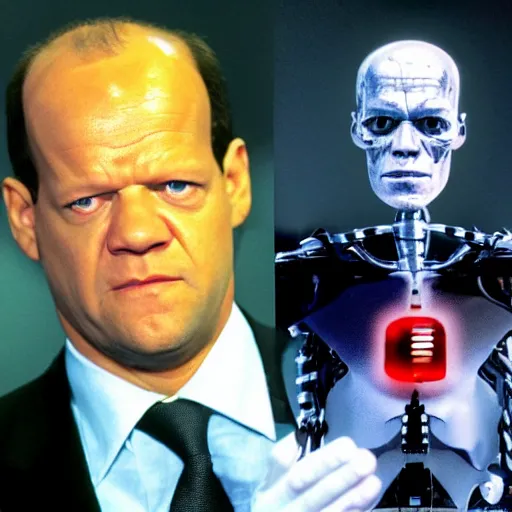 Prompt: Olaf Scholz as The Terminator in the movie Terminator - Judgment Day