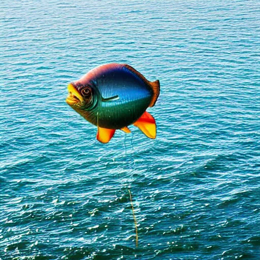 Image similar to a fish floating away from the sea tied to a ballon