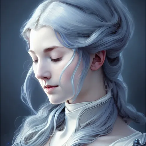 Image similar to aristocrat, white grey blue color palette, eyes closed, female, d & d, fantasy, intricate, elegant, highly detailed, long silver hair, digital painting, artstation, octane render, concept art, matte, sharp focus, illustration, hearthstone, art by artgerm, alphonse mucha johannes voss