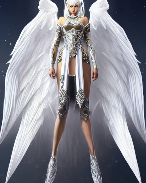 Prompt: perfect white haired egyptian goddess wearing white dove wings, warframe armor, regal, attractive, ornate, sultry, beautiful, dreamy, half asian, pretty face, blue eyes, detailed, scifi platform, 4 k, ultra realistic, epic lighting, android body, illuminated, cinematic, masterpiece, art by akihito tsukushi, voidstar, artgerm