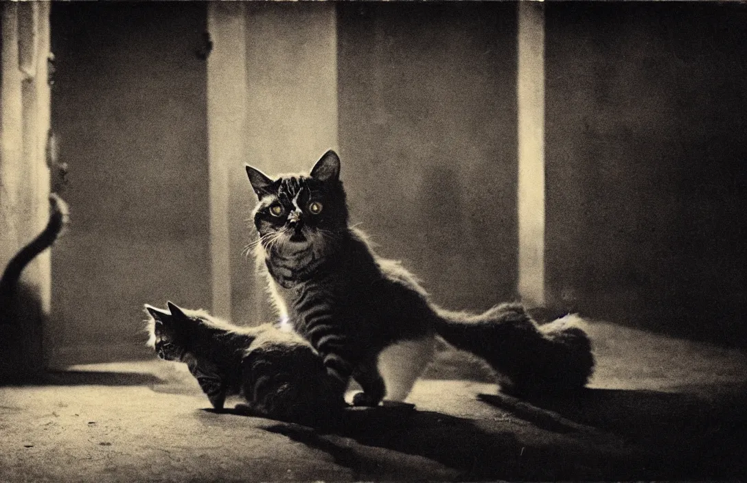 Image similar to wanders in disconsolate disarray half - eaten cat a romantic approach gun camera footage intact flawless ambrotype from 4 k criterion collection remastered cinematography gory horror film, ominous lighting, evil theme wow photo realistic postprocessing 8 k hyper real photo imax rectilinear lens pieter s aenredam