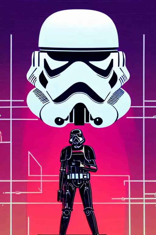 Image similar to closeup portrait of stormtrooper dj standing on a giant science fiction turntable in a dj booth, syd mead, dan mumford, moebius, detailed illustration, digital art, neon, isometric, symmetrical, comic book