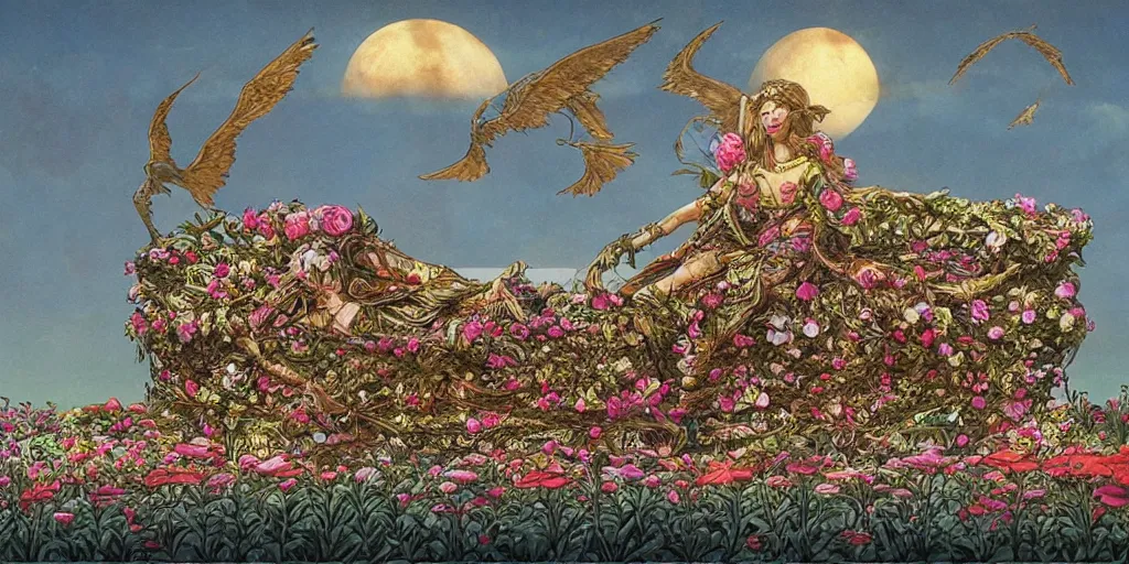 Prompt: an elaborate floating coffin adorned with flowers, evening, fantasy, regal, intricate, detailed matte painting by moebius